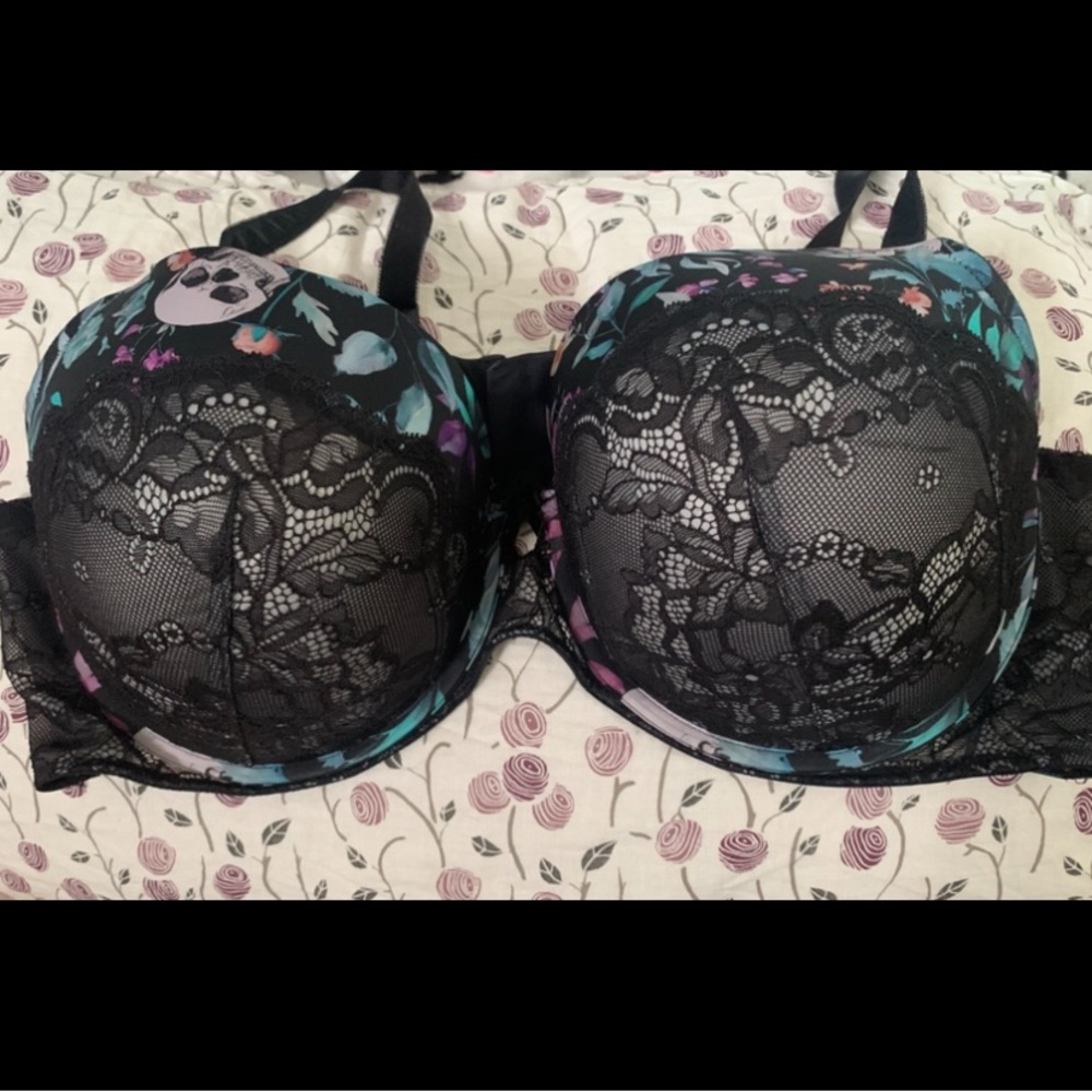 Black Floral Lace Bra with Multicolor Accents
